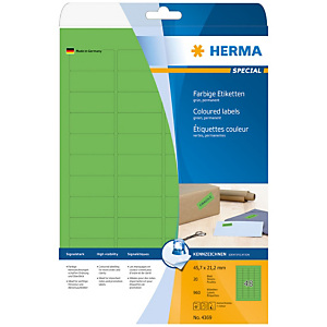 Herma Etiqueta de papel de colores autoadhesiva despegable, 45,7 x 21,2 mm, 20 hojas, 48 etiquetas por hoja A4, verde Herma Etiqueta de papel de colores autoadhesiva despegable, 45,7 x 21,2 mm, 20 hojas, 48 etiquetas por hoja A4, verde