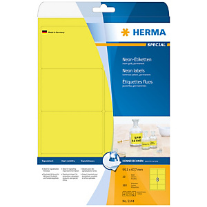 Herma Etiqueta de papel fluorescente autoadhesiva permanente, 99,1 x 67,7 mm, 20 hojas, 8 etiquetas por hoja A4, amarillo luminoso Herma Etiqueta de papel fluorescente autoadhesiva permanente, 99,1 x 67,7 mm, 20 hojas, 8 etiquetas por hoja A4, amarillo luminoso