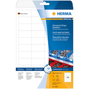 Herma Etiqueta de poliéster resistente autoadhesiva permanente, 48,3 x 25,4 mm, 25 hojas, 44 etiquetas por hoja A4, blanco Herma Etiqueta de poliéster resistente autoadhesiva permanente, 48,3 x 25,4 mm, 25 hojas, 44 etiquetas por hoja A4, blanco