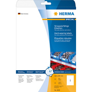 Herma Etiqueta de poliéster autoadhesiva permanente, 210 x 297 mm, 25 hojas, 1 etiqueta por hoja A4, blanco Herma Etiqueta de poliéster autoadhesiva permanente, 210 x 297 mm, 25 hojas, 1 etiqueta por hoja A4, blanco