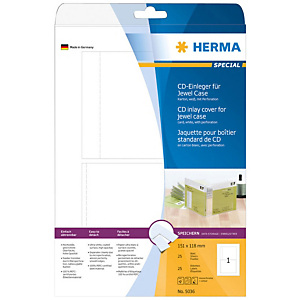 Herma Portada para carcasa de CD no adhesiva, perforada, 151 x 118 mm, 25 hojas, 1 etiqueta por hoja A4, blanco Herma Portada para carcasa de CD no adhesiva, perforada, 151 x 118 mm, 25 hojas, 1 etiqueta por hoja A4, blanco