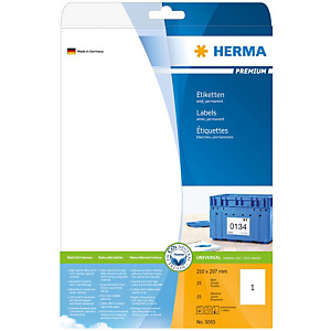 Herma Premium Etiqueta de papel autoadhesiva permanente, 210 x 297 mm, 25 hojas, 1 etiqueta por hoja A4, blanco Herma Premium Etiqueta de papel autoadhesiva permanente, 210 x 297 mm, 25 hojas, 1 etiqueta por hoja A4, blanco