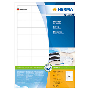 Herma Premium Etiqueta de papel autoadhesiva permanente, 48,3 x 25,4 mm, 100 hojas, 44 etiquetas por hoja A4, blanco Herma Premium Etiqueta de papel autoadhesiva permanente, 48,3 x 25,4 mm, 100 hojas, 44 etiquetas por hoja A4, blanco