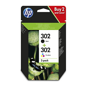 HP 302 Cartouche d'encre authentique Pack de 2 Noir et Tricolore (X4D37AE) - Noir, Cyan, Magenta, Jaune