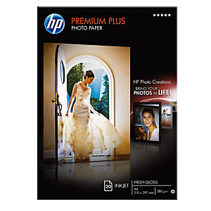 HP Papier photo brillant A4 blanc 280g Premium Plus pour Jet d'encre - Boîte de 20 feuilles