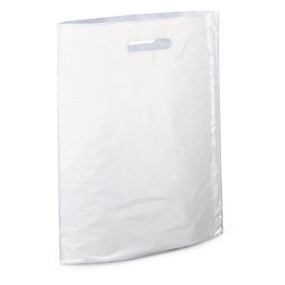 Hvite plastposer med utstanset bærehåndtak