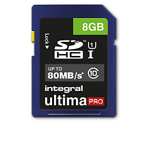 Integral 8GB ULTIMAPRO SDHC/XC 80MB CLASS 10 UHS-I U1, 8 Go, SD, UHS-I, 80 Mo/s, Class 1 (U1), Bleu INSDH8G10-80U1