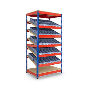 Kanban steel shelving with shelf trays, shelf UDL 80 kg