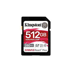 Kingston Technology Canvas React Plus, 512 GB, SDXC, Clase 10, UHS-II, 280 MB/s, 150 MB/s SDR2V6/512GB Kingston Technology Canvas React Plus, 512 GB, SDXC, Clase 10, UHS-II, 280 MB/s, 150 MB/s SDR2V6/512GB