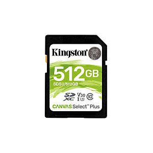 Kingston Technology Canvas Select Plus, 512 GB, SDXC, Clase 10, UHS-I, 100 MB/s, 85 MB/s SDS2/512GB