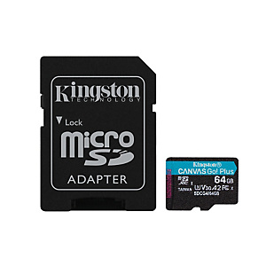 Kingston Technology Carte microSDXC Canvas Go Plus Gen4 200 Mo/s A2 U3 V30 64 Go + adaptateur, 64 Go, MicroSD, Classe 10, UHS-I, 200 Mo/s, Class 3 (U3 Kingston Technology Carte microSDXC Canvas Go Plus Gen4 200 Mo/s A2 U3 V30 64 Go + adaptateur, 64 Go, MicroSD, Classe 10, UHS-I, 200 Mo/s, Class 3 (U3
