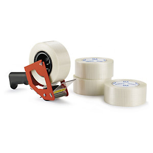 Kit 18 rollos de cinta adhesiva reforzada con filamentos longitudinales RAJA® + Dispensador