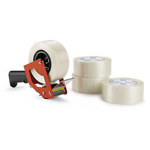 Kit 18 rollos de cinta adhesiva reforzada con filamentos longitudinales RAJA® + Dispensador Kit 18 rollos de cinta adhesiva reforzada con filamentos longitudinales RAJA® + Dispensador