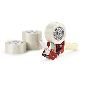 Kit 18 rollos de cinta adhesiva reforzada con filamentos longitudinales RAJA® + Dispensador