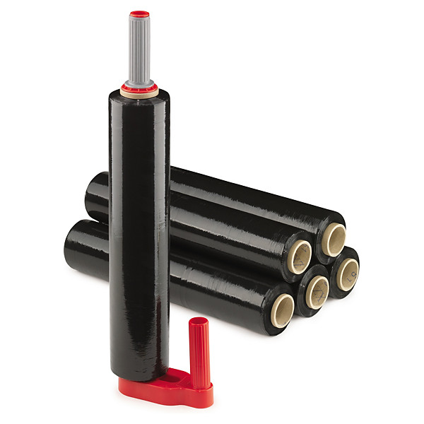 Kit 6 bobine film estensibile manuale nero opaco 80% riciclato 17 micron RAJA 450mm x 300m + dispenser in plastica