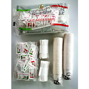 Kit caffè Eco: 100 bicchieri da caffè, 100 palettine e 100 bustine zucchero