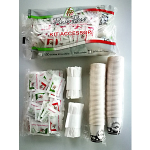 Kit caffè Eco: 100 bicchieri da caffè Colori Assortiti, 100 palettine e 100 bustine zucchero Kit caffè Eco: 100 bicchieri da caffè Colori Assortiti, 100 palettine e 100 bustine zucchero