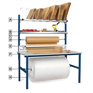 Komplett packbord RAJA - pulverlackerad, blå stålkonstruktion med grå hyllor Komplett packbord RAJA - pulverlackerad, blå stålkonstruktion med grå hyllor