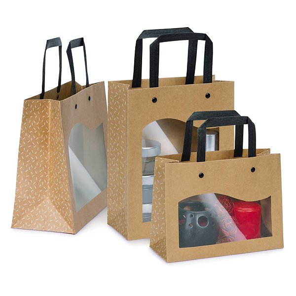Kraft paper gift bags with windows and black handles, 200x150x75mm, pack of 10 - 2