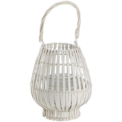 Lanterna in bamboo con manico, Porta candela, Altezza 39 cm, Bianco