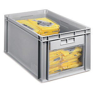 Large stackable plastic storage containers with end window opening Large stackable plastic storage containers with end window opening