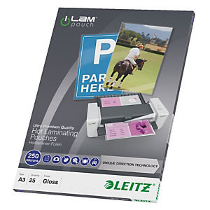 LEITZ Pouches per plastificatrice a caldo con tecnologia UDT, A3, Finitura Lucida, 250 µm (confezione 25 pezzi) LEITZ Pouches per plastificatrice a caldo con tecnologia UDT, A3, Finitura Lucida, 250 µm (confezione 25 pezzi)