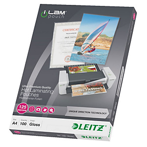 LEITZ Pouches per plastificatrice a caldo con tecnologia UDT, A4, Finitura Lucida, 125 µm (confezione 100 pezzi) LEITZ Pouches per plastificatrice a caldo con tecnologia UDT, A4, Finitura Lucida, 125 µm (confezione 100 pezzi)