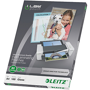 LEITZ Pouches per plastificatrice a caldo con tecnologia UDT, A4, Finitura Lucida, 80 µm (confezione 100 pezzi) LEITZ Pouches per plastificatrice a caldo con tecnologia UDT, A4, Finitura Lucida, 80 µm (confezione 100 pezzi)