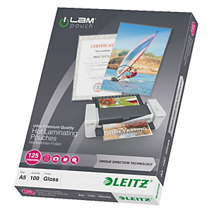 LEITZ Pouches per plastificatrice a caldo con tecnologia UDT, A5, Finitura Lucida, 125 µm (confezione 100 pezzi) LEITZ Pouches per plastificatrice a caldo con tecnologia UDT, A5, Finitura Lucida, 125 µm (confezione 100 pezzi)