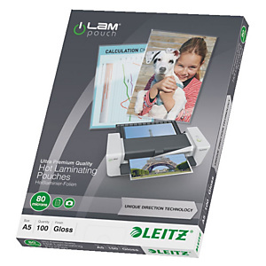 Leitz Pouches per plastificatrici a caldo con tecnologia UDT, A5, 2 x 80 µ, Trasparente (confezione 100 pezzi) Leitz Pouches per plastificatrici a caldo con tecnologia UDT, A5, 2 x 80 µ, Trasparente (confezione 100 pezzi)