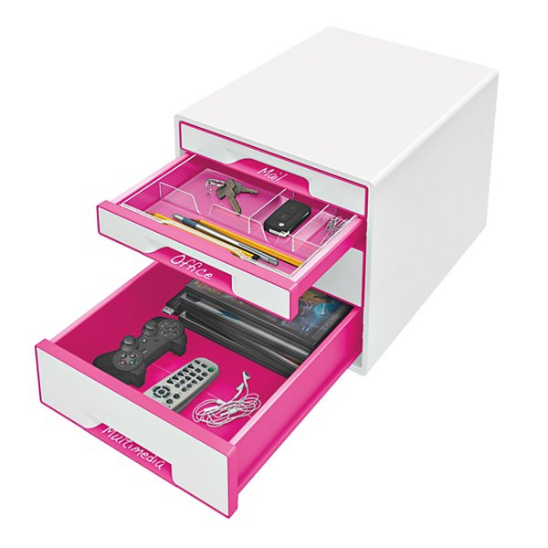 Leitz WOW Dual Color CUBE Cassettiera da scrivania, 4 cassetti, A4 maxi, 287 x 270 x 363 mm, Bianco e Fucsia metallizzato - 4