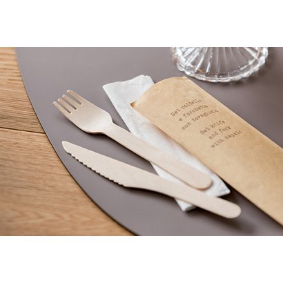 LEONE Set coltello e forchetta con tovagliolo bio in legno di betulla, 16 cm (confezione 48 pezzi)