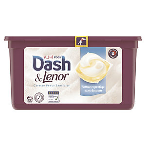 Lessive liquide Dash & Lenor Pods All in 1, 33 dosettes, Caresse Peaux sensibles