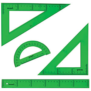 liderpapel Conjunto de geometría de 4 piezas con escuadra de 25 cm, cartabón de 25 cm, regla de 30 cm y semicírculo de 15 cm, verde translúcido