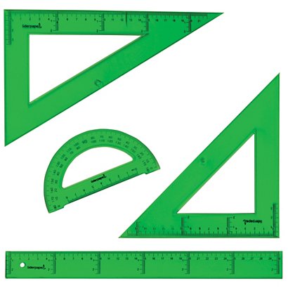 liderpapel Conjunto de geometría de 4 piezas con escuadra de 25 cm, cartabón  de 25 cm, regla de 30 cm y semicírculo de 15 cm, verde translúcido -  Reglas Kalamazoo