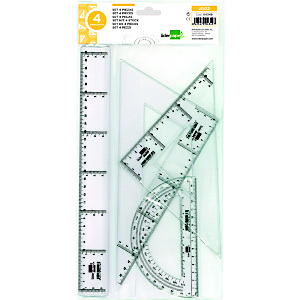 liderpapel Conjunto de geometría de 4 piezas con escuadra y cartabón de 25 cm, regla de 30 cm y semicírculo de 15 cm, transparente