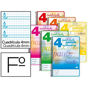 LIDERPAPEL Pautaguía Cuaderno, espiral, Folio, tapa blanda, 80 hojas, 75 gr, cuadro pautado 4 mm, colores surtidos LIDERPAPEL Pautaguía Cuaderno, espiral, Folio, tapa blanda, 80 hojas, 75 gr, cuadro pautado 4 mm, colores surtidos