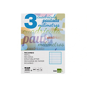 LIDERPAPEL Pautaguía Recambio, 100 hojas, A4, 75 gr, cuadriculado pautado, 3 mm, 4 taladros, con margen, colores surtidos LIDERPAPEL Pautaguía Recambio, 100 hojas, A4, 75 gr, cuadriculado pautado, 3 mm, 4 taladros, con margen, colores surtidos