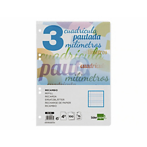LIDERPAPEL Pautaguía Recambio, 100 hojas, Cuarto, 75 gr, cuadriculado pautado, 3 mm, 6 taladros, con margen, colores surtidos LIDERPAPEL Pautaguía Recambio, 100 hojas, Cuarto, 75 gr, cuadriculado pautado, 3 mm, 6 taladros, con margen, colores surtidos