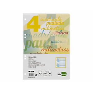 LIDERPAPEL Pautaguía Recambio, 100 hojas, Cuarto, 75 gr, cuadriculado pautado, 4 mm, 6 taladros, con margen, colores surtidos LIDERPAPEL Pautaguía Recambio, 100 hojas, Cuarto, 75 gr, cuadriculado pautado, 4 mm, 6 taladros, con margen, colores surtidos