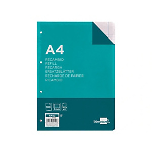 LIDERPAPEL Recambio de papel, A4, 100 hojas, 100 gr, horizontal con doble margen 4 taladros LIDERPAPEL Recambio de papel, A4, 100 hojas, 100 gr, horizontal con doble margen 4 taladros