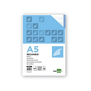 LIDERPAPEL Recambio de papel, A5, 120 hojas, 75 gr, cuadro 5 mm, sin margen, 6 taladros, bandas de 5 colores LIDERPAPEL Recambio de papel, A5, 120 hojas, 75 gr, cuadro 5 mm, sin margen, 6 taladros, bandas de 5 colores
