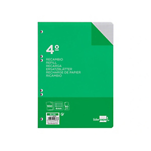 LIDERPAPEL Recambio de papel, cuarto, 100 hojas, 60 gr, cuadro 4mm con margen, 6 taladros LIDERPAPEL Recambio de papel, cuarto, 100 hojas, 60 gr, cuadro 4mm con margen, 6 taladros