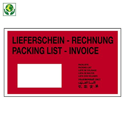 Lieferscheintaschen Eco bedruckt RAJA, "Lieferschein-Rechnung - Packing List-Invoice" 225 x 115 mm Mini-Pack - 1