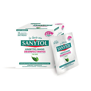 Lingettes individuelles désinfectantes mains Sanytol thé vert, étui de 12