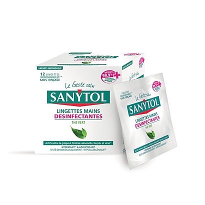 Lingettes individuelles désinfectantes mains Sanytol thé vert, étui de 12 - Lingettes  mains