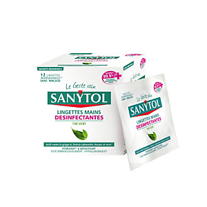 Lingettes désinfectantes mains Sanytol, boite de 12 lingettes individuelles, senteur thé vert Lingettes désinfectantes mains Sanytol, boite de 12 lingettes individuelles, senteur thé vert