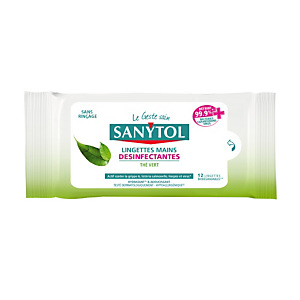 Lingettes désinfectantes mains Sanytol, étui de 12, senteur thé vert Lingettes désinfectantes mains Sanytol, étui de 12, senteur thé vert