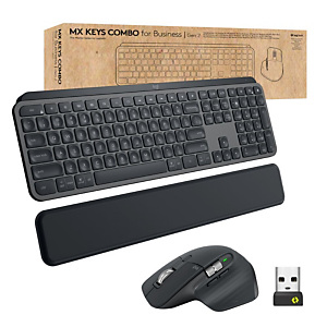 Logitech MX Keys combo for Business Gen 2, RF Wireless + Bluetooth, Switch de tecla de tijera, QWERTY, LED, Grafito, Ratón incluido 920-010931