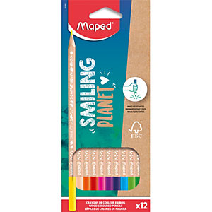 MAPED Boîte de 12 crayons en bois naturel 100% Smiling Planet, diamètre de 2,9 mm, FSC